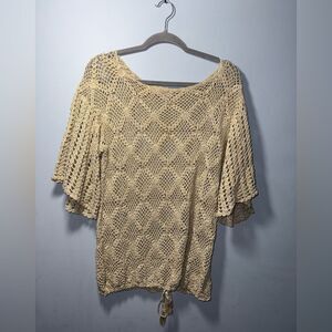 VTG JM Pink hand BOHO crocheted cotton tan sweater peplum top size L EUC